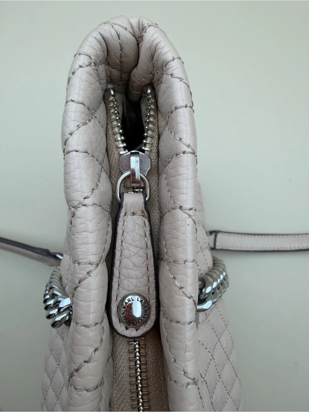 Karl Lagerfeld Paris Quilted Leather Chain Tote Bag Beige